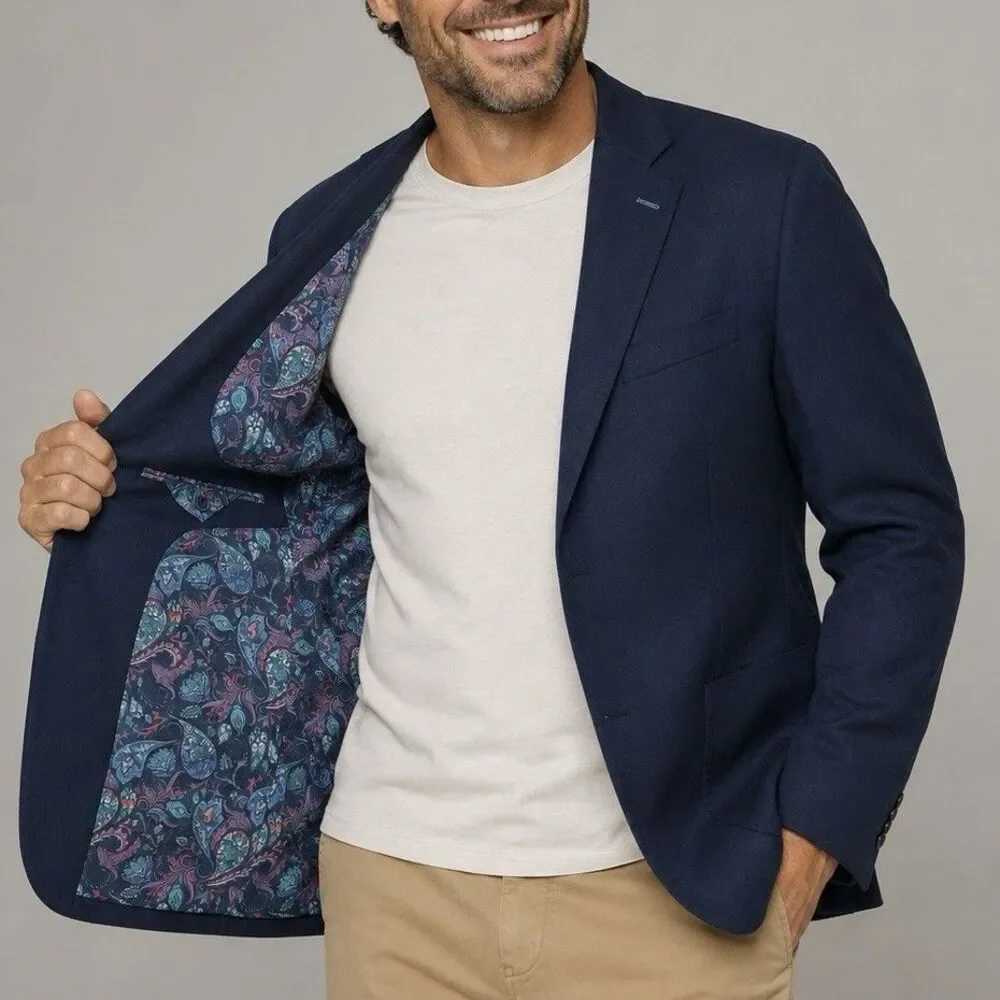 Tailorbyrd Collection Mens 46R Navy Blue Stretch Blazer Paisley Lining NWOT